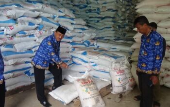Kepala Dinas Pertanian Tphp Puguh Santoso Saat Melakukan Peninjauan Stok Pupuk Di Gudang Keleyan Kemarin.