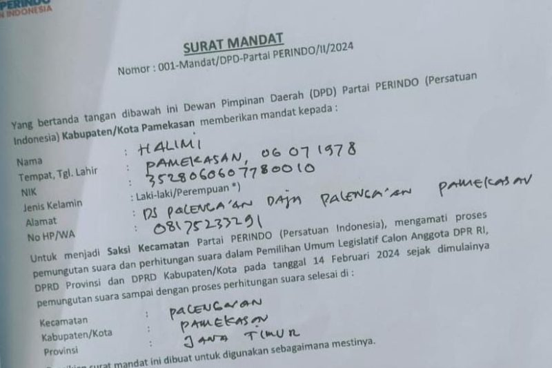 Surat Mandat Saksi Dari Partai Perindo Untuk Seorang Oknum Asn Halimi.