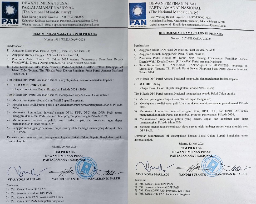 Dua Surat Tugas Dan Rekomendasi Pan Terhadap Bakal Calon Yang Berbeda.