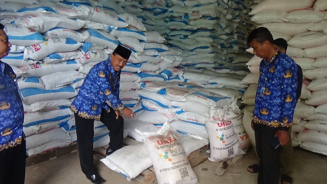 Kepala Dinas Pertanian Tphp Puguh Santoso Saat Melakukan Peninjauan Stok Pupuk Di Gudang Keleyan Kemarin.