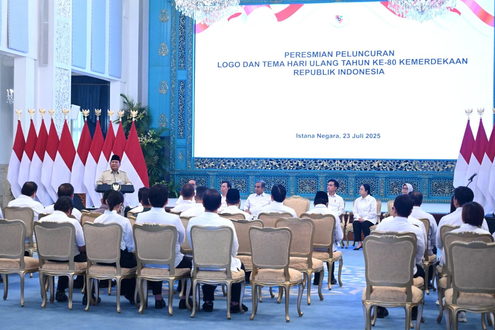 Peluncuran logo dan tema peringatan Hari Ulang Tahun (HUT) ke-80 Kemerdekaan Republik Indonesia di Istana Negara, Rabu (23/07/2025) (foto: BPMI Setpres)
